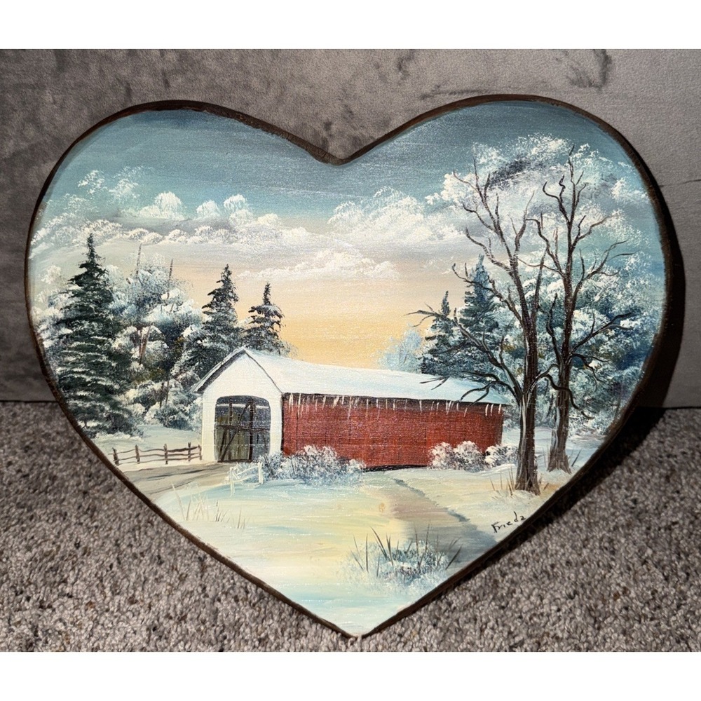 Hand Painted Winter Heart Wood Plaque‎ Rustic Farmhouse Y2K Cottage Core Decor